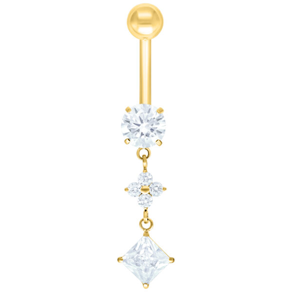 Piercing de ombligo dorado con cristales claros sobre fondo blanco