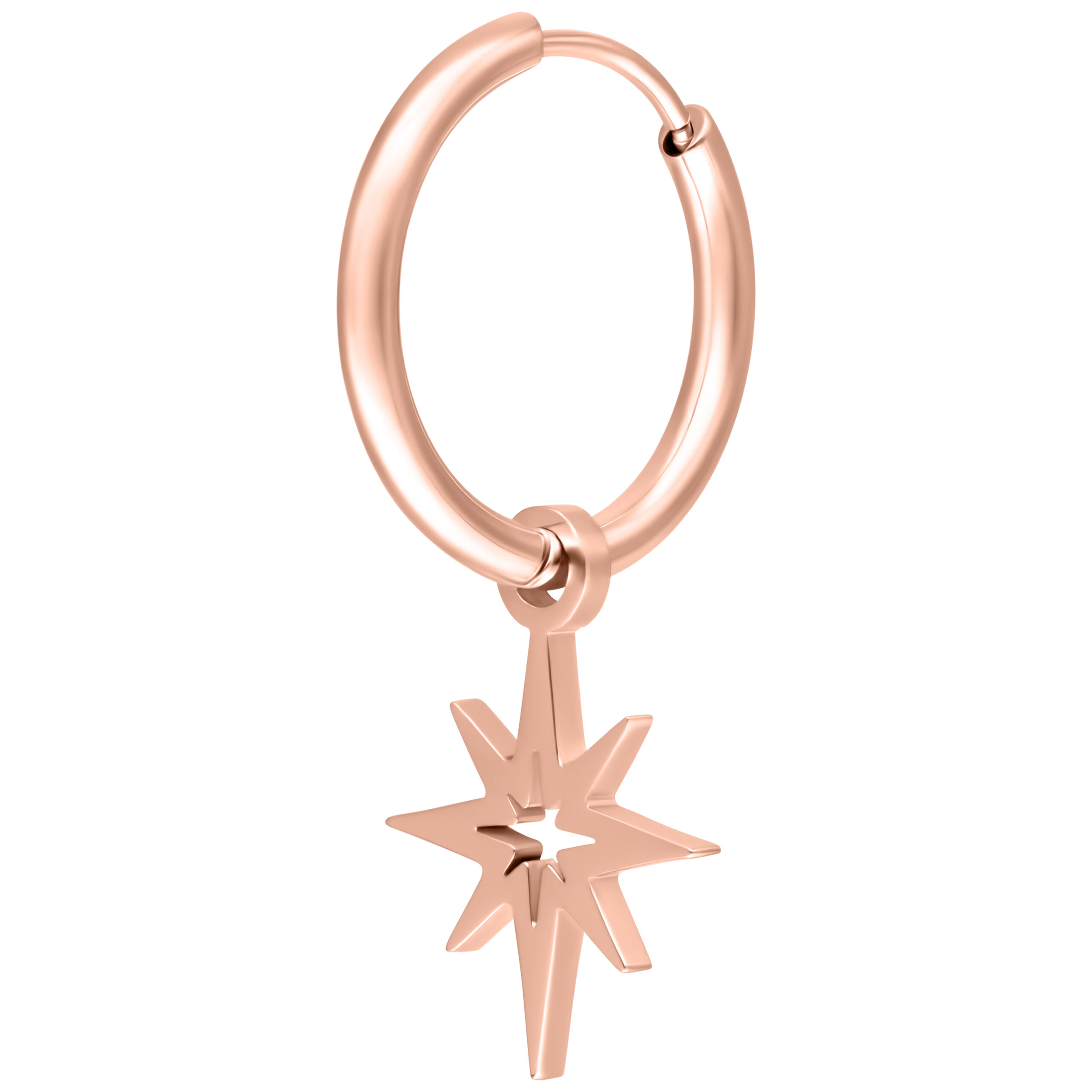 Roségoldene Creole mit Sternanhänger, hochglanzpoliert auf weißem Hintergrund