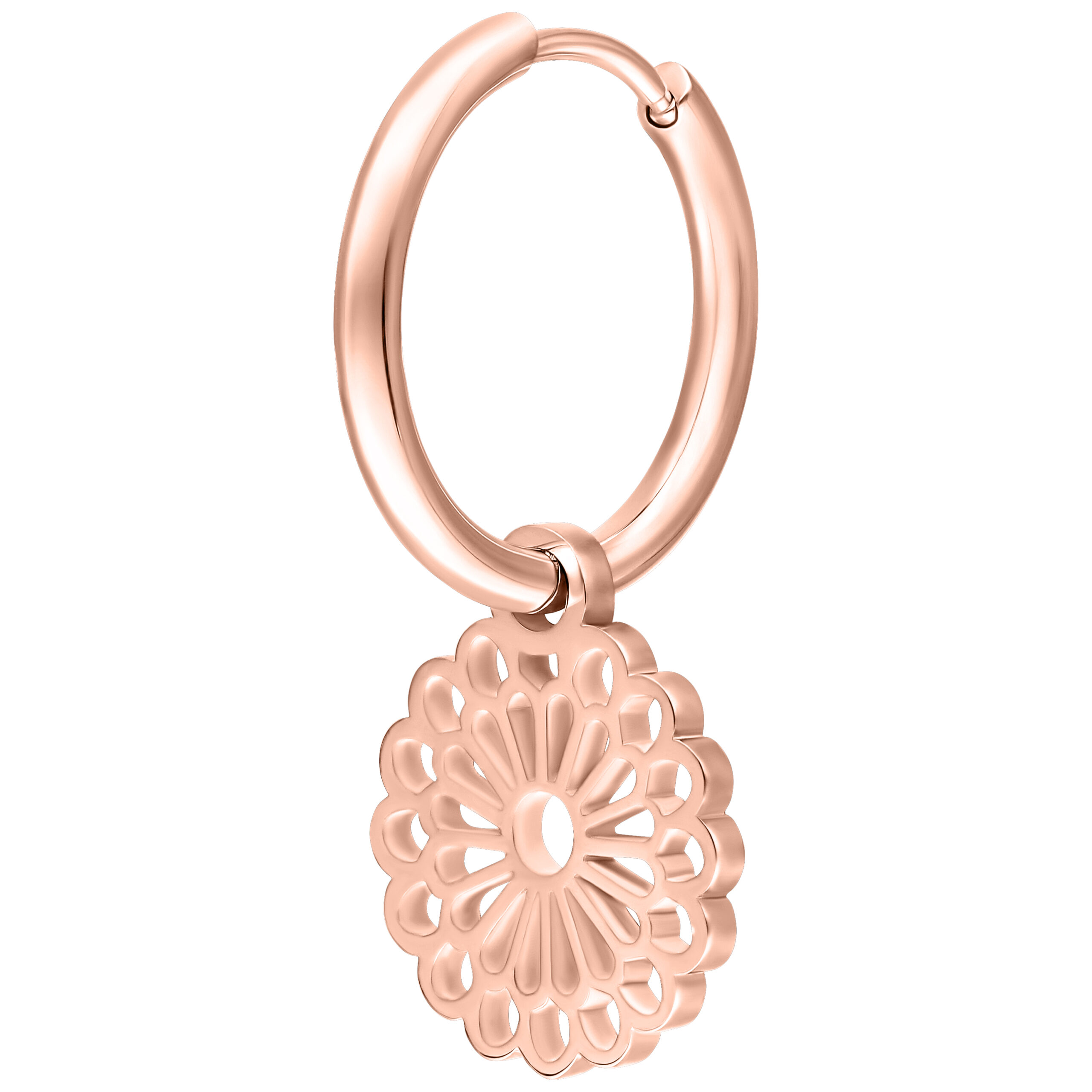 Roségoldener Ohrring mit Mandala-Anhänger auf weißem Hintergrund