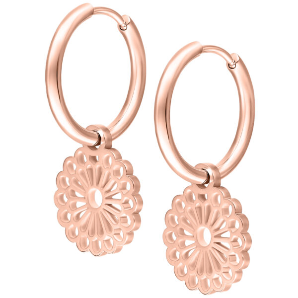 Pendientes Mandala de oro rosa de acero quirúrgico sobre fondo blanco