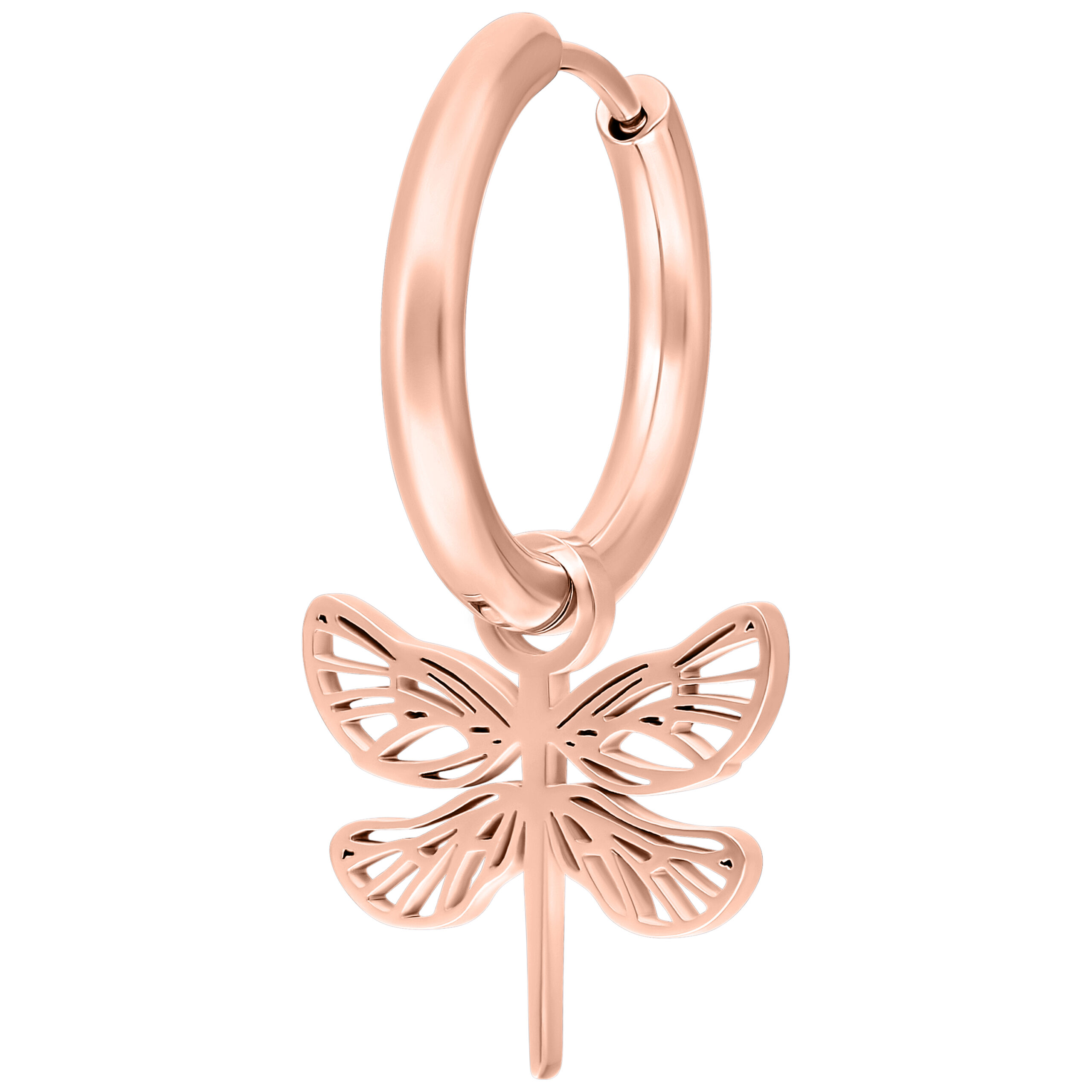 Roségoldene Ohrringe mit Libellenanhänger Roségoldene Hoop-Ohrringe mit filigranem Libellenanhänger auf weißem Hintergrund