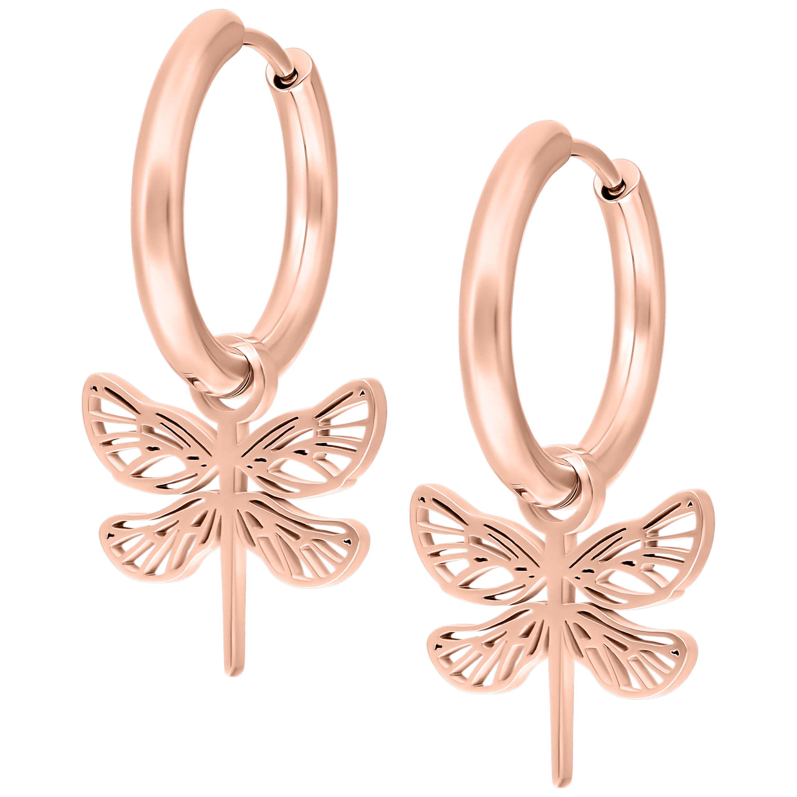 Kleine Blumen Creolen in Roségold Roségoldene Creolen mit filigranem Blumenanhänger auf weißem Hintergrund