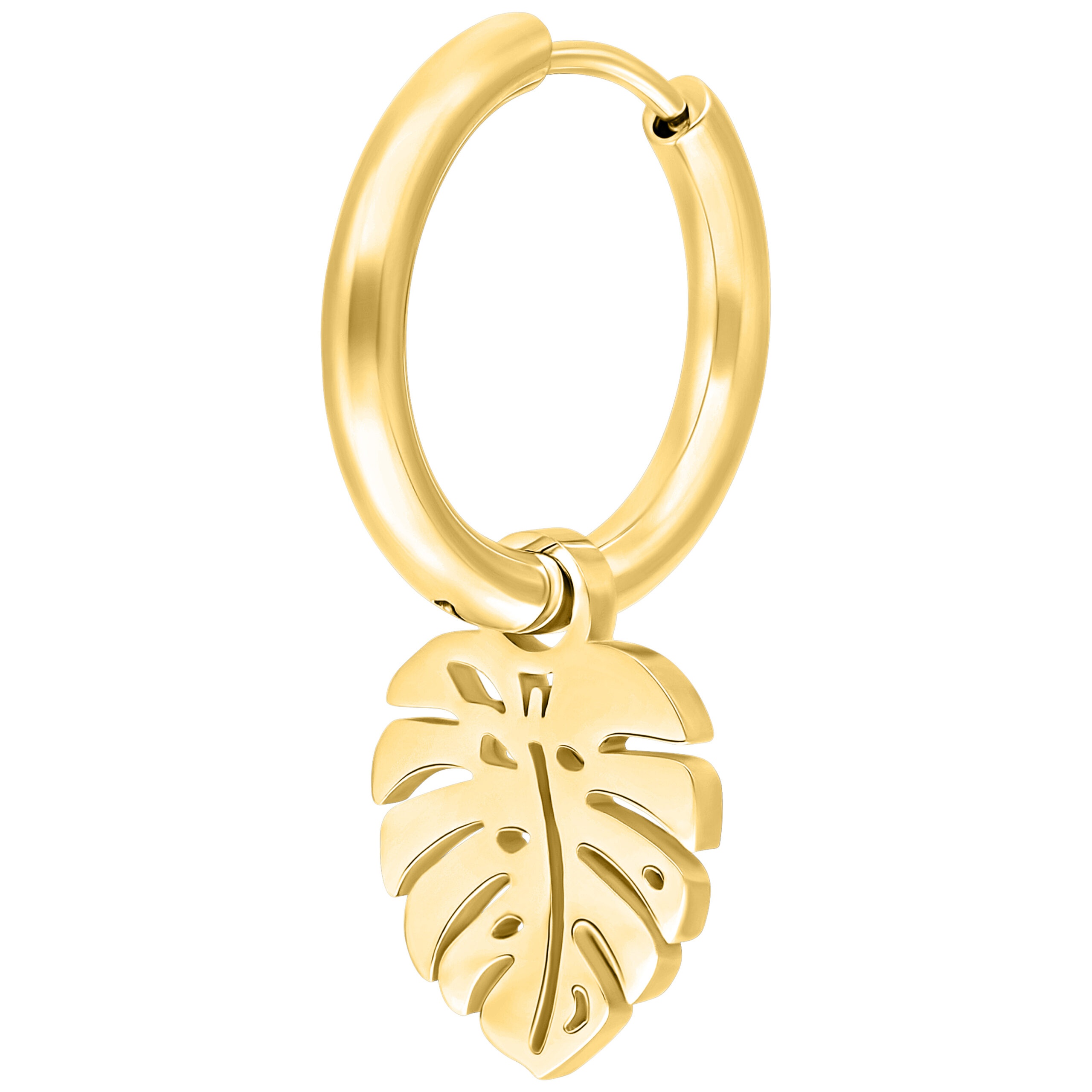 Pendientes dorados con colgante de hoja de Monstera sobre fondo blanco
