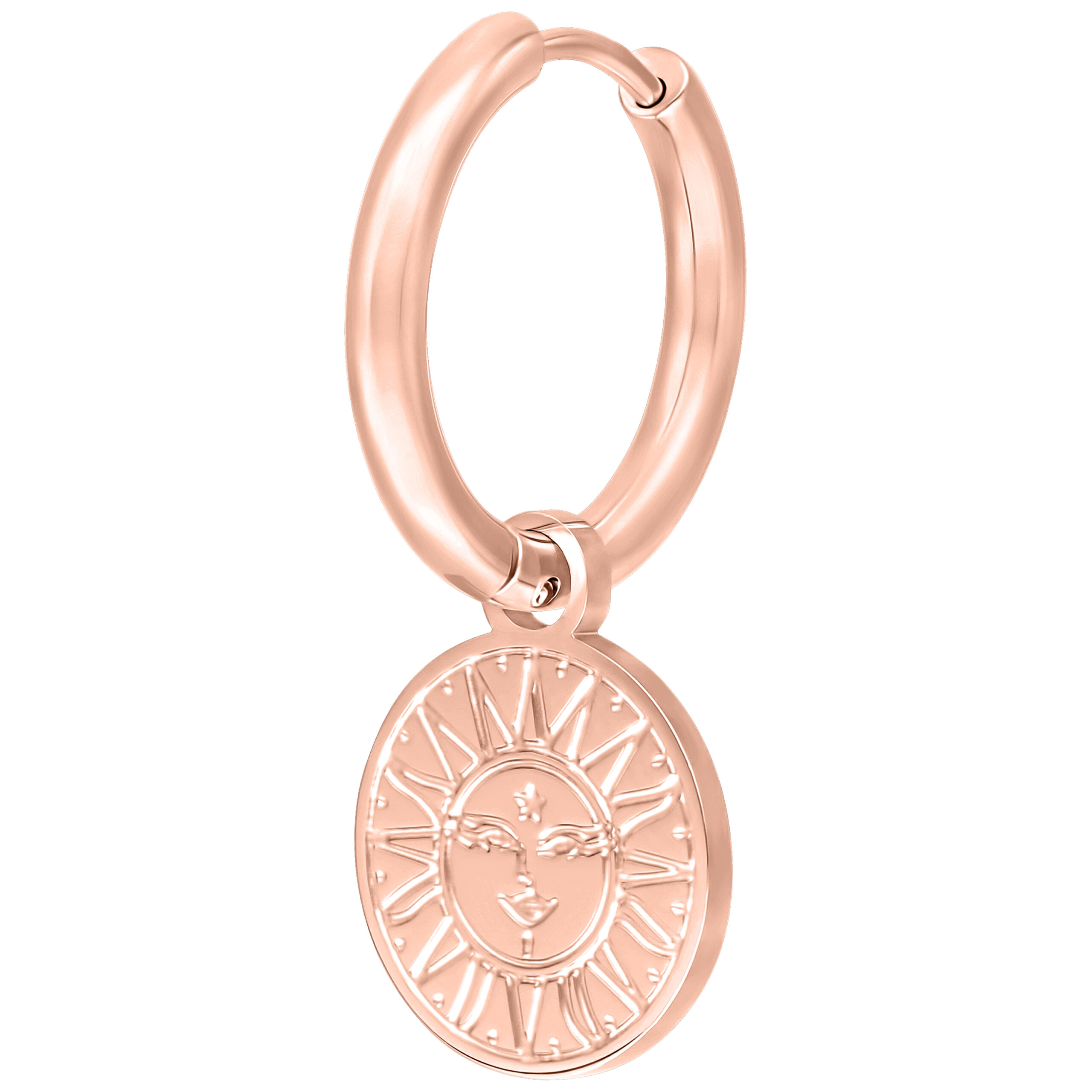 Roségoldene Ohrringe mit Sonnen-Mond-Anhänger auf weißem Hintergrund