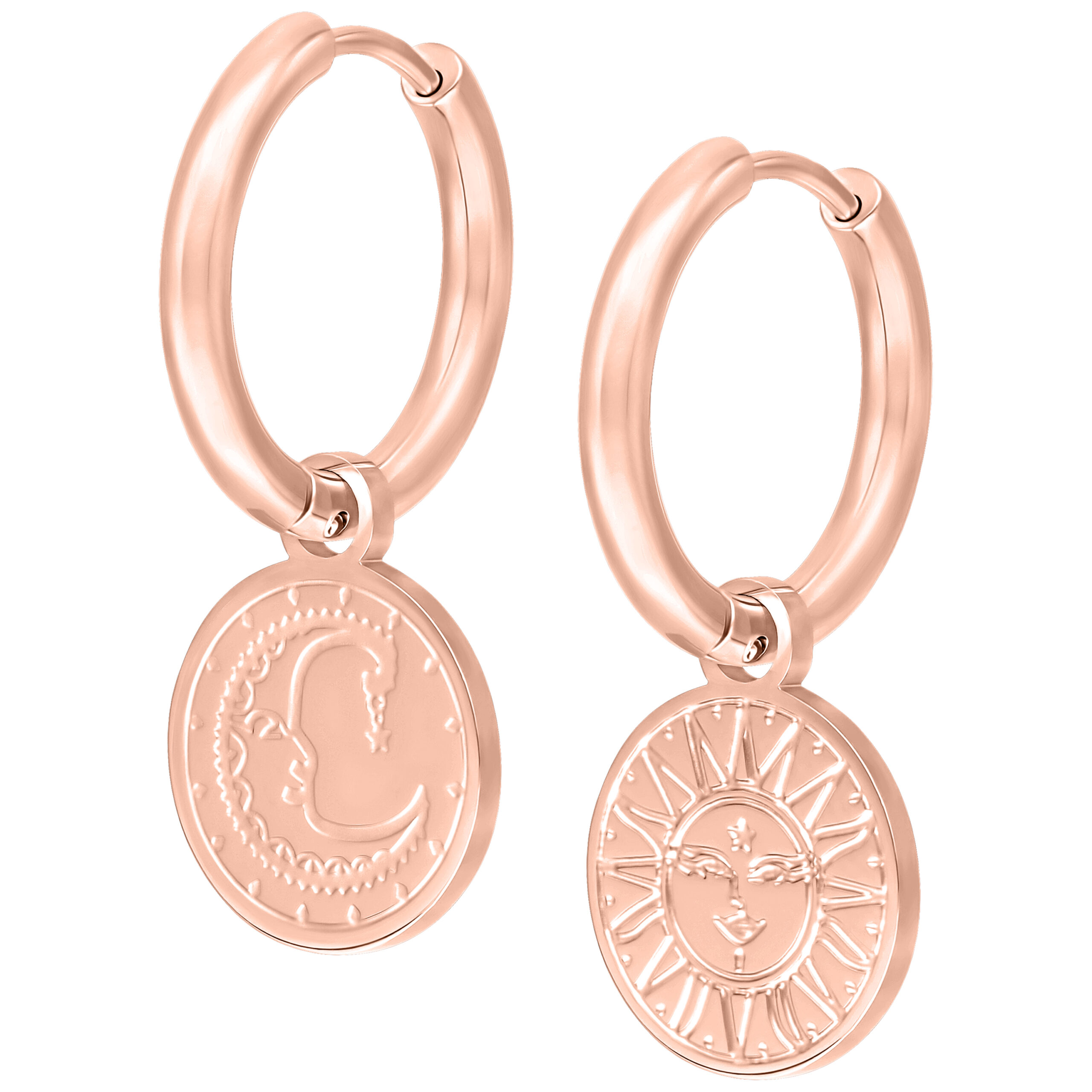 Roségoldene Ohrringe mit Sonnen- und Mondanhänger auf weißem Hintergrund