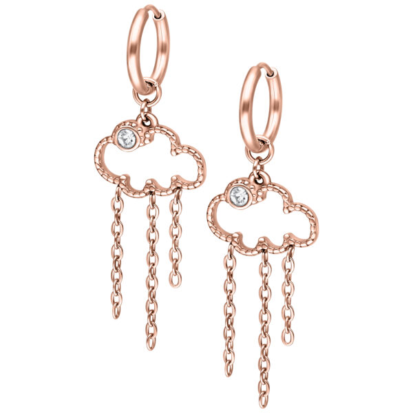 Pendientes de oro rosado en forma de nube con cadenas y piedra sobre fondo blanco