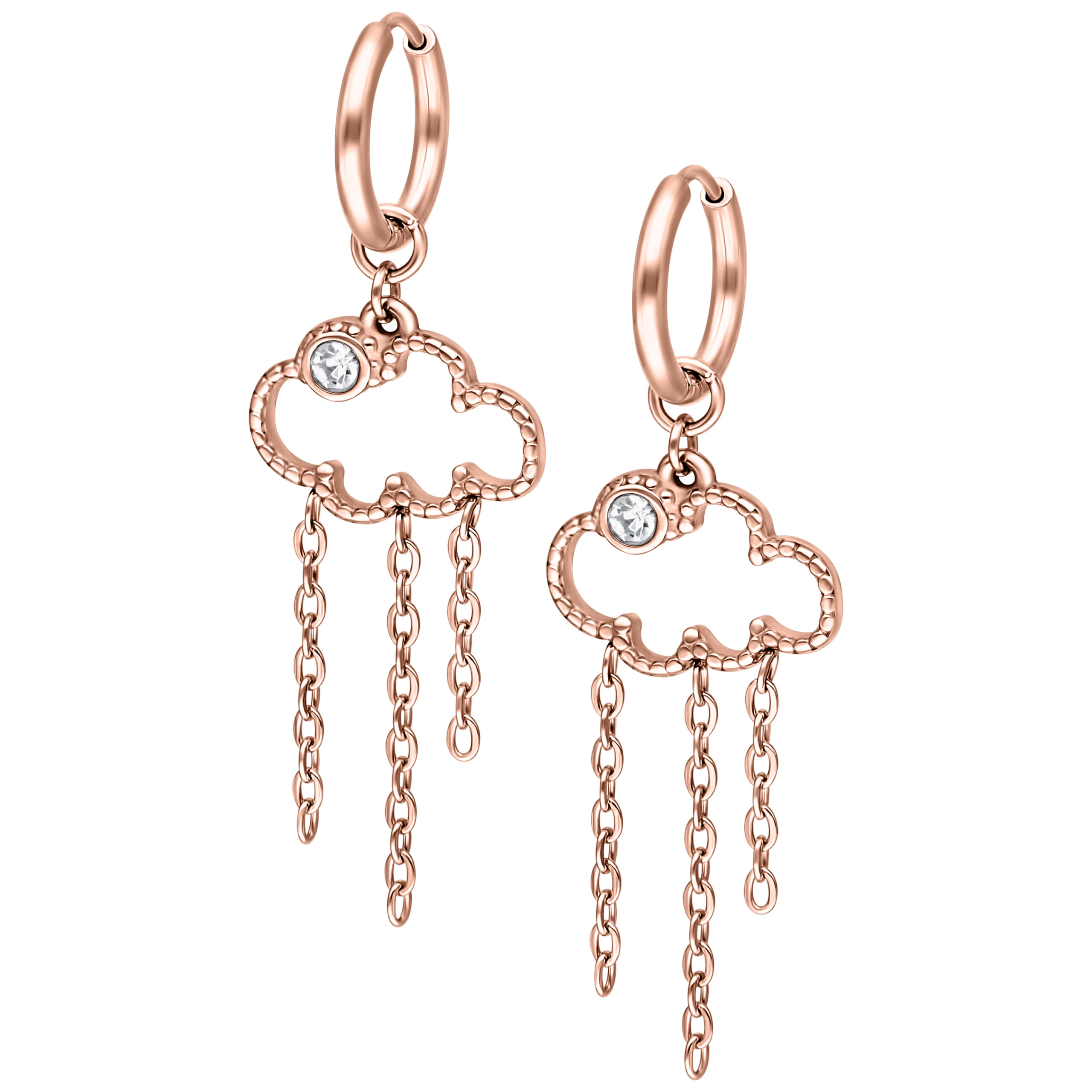 Roségoldene Ohrringe in Wolkenform mit Ketten und Stein auf weißem Hintergrund