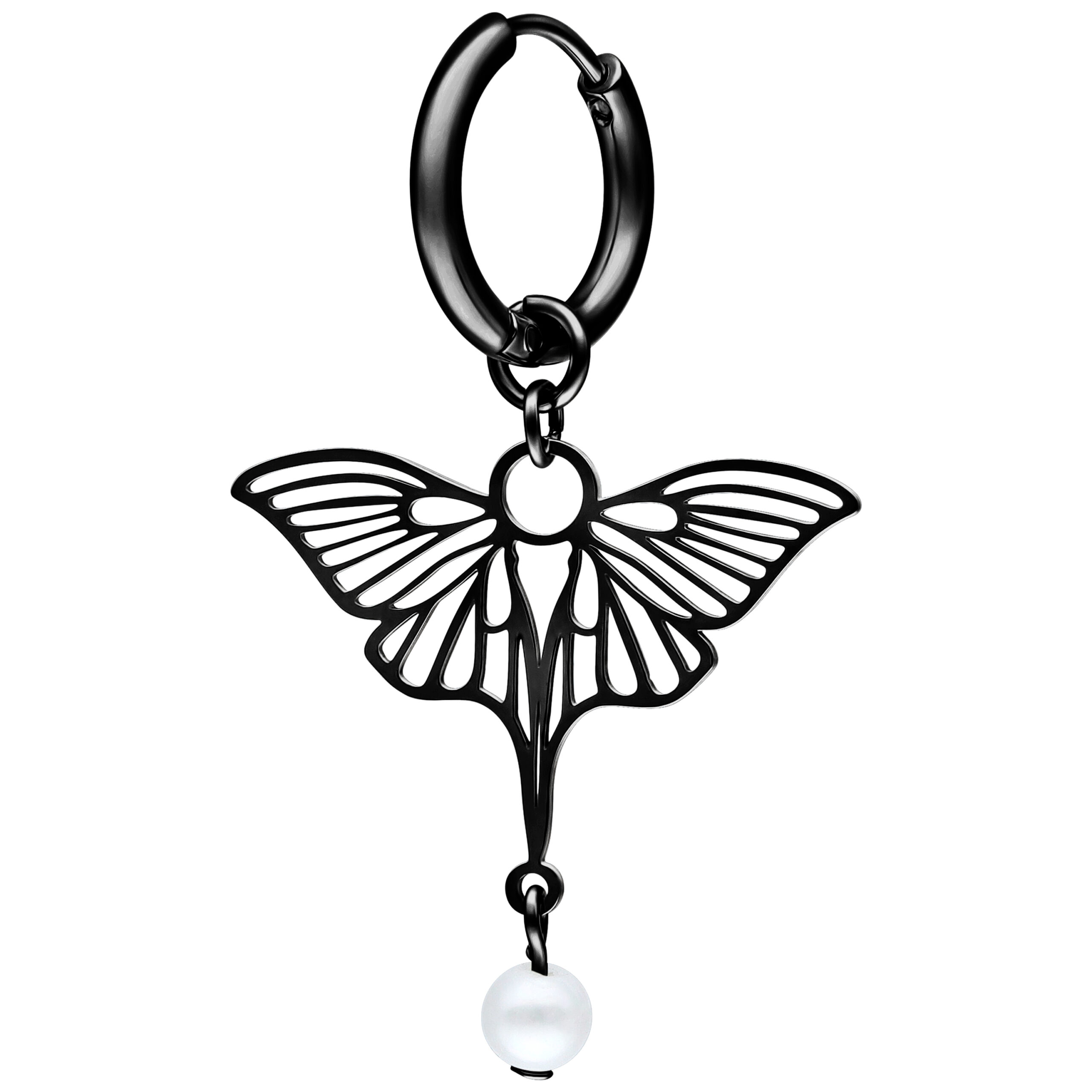 Pendientes de libélula negros con colgante de perla Pendiente negro en forma de libélula con colgante de perla sobre fondo blanco