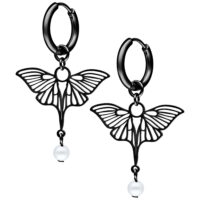 Pendientes de alas de dragón negras con perla Pendientes negros en forma de ala de dragón con perla colgante, sobre fondo blanco