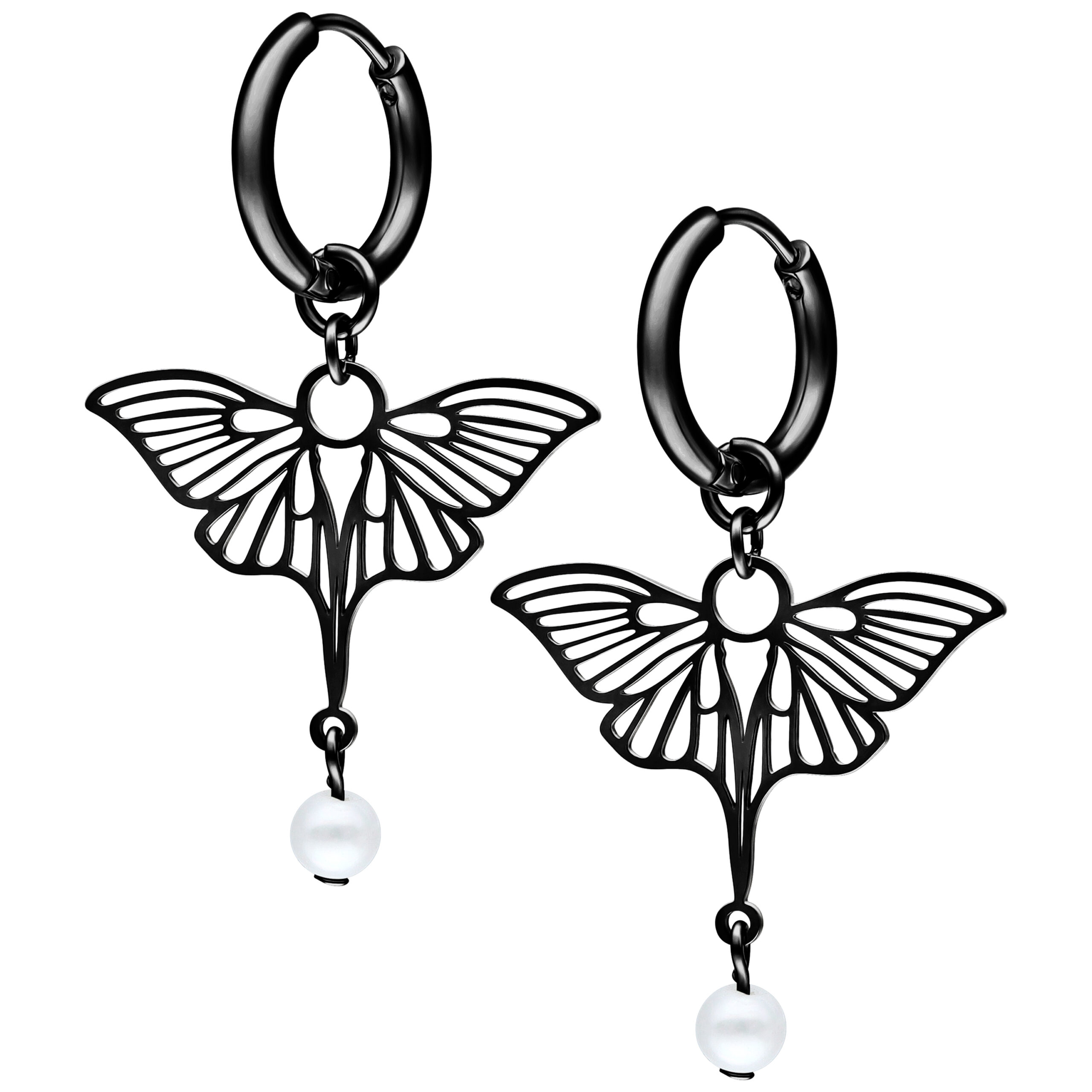 Pendientes de alas de dragón negras con perla Pendientes negros en forma de ala de dragón con perla colgante, sobre fondo blanco