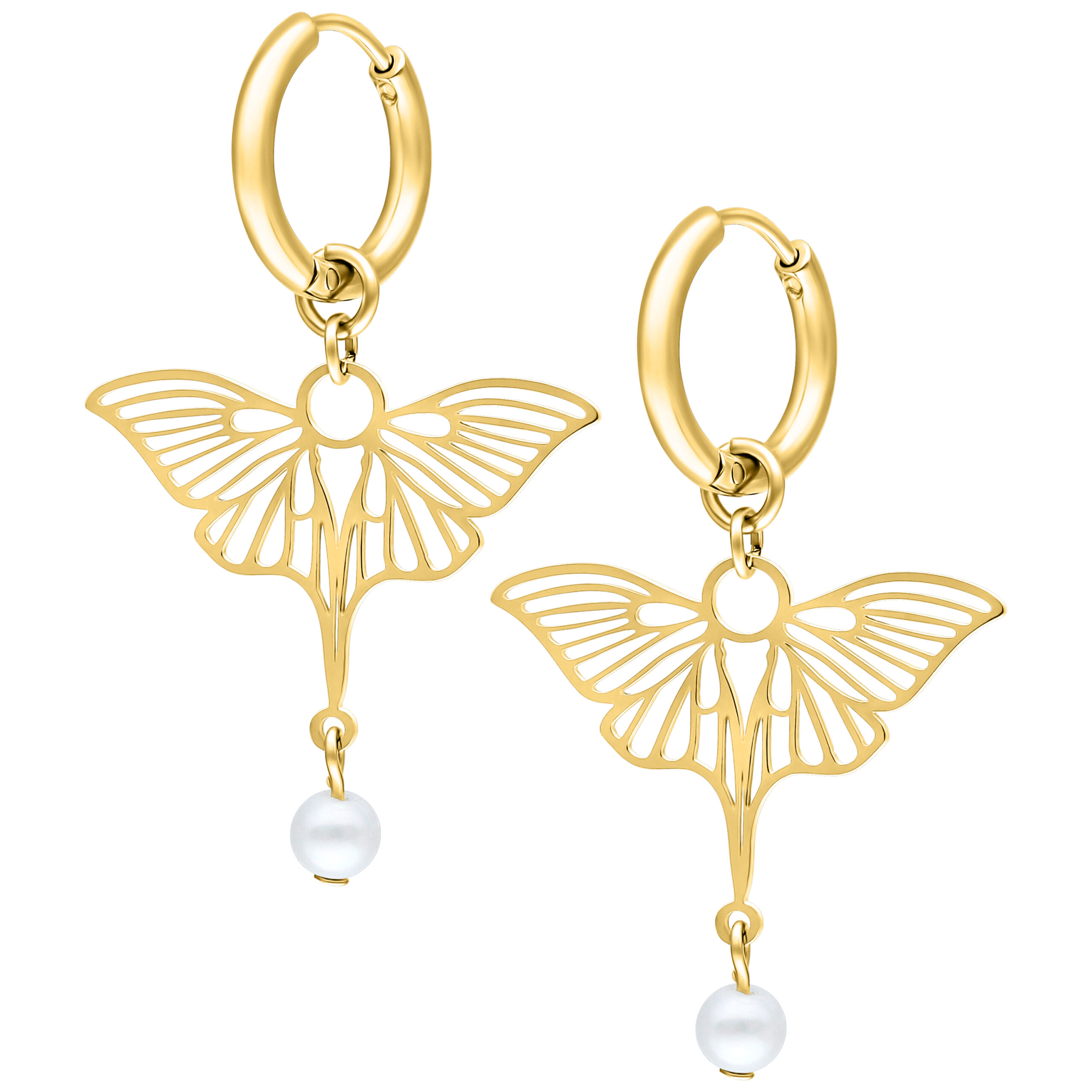 Pendientes de libélula dorados con perla Pendientes dorados con colgante de libélula y pequeña perla sobre fondo blanco