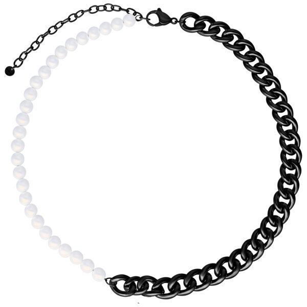 Chunky Pearl Collar con eslabones de metal negro y perlas blancas sobre fondo blanco