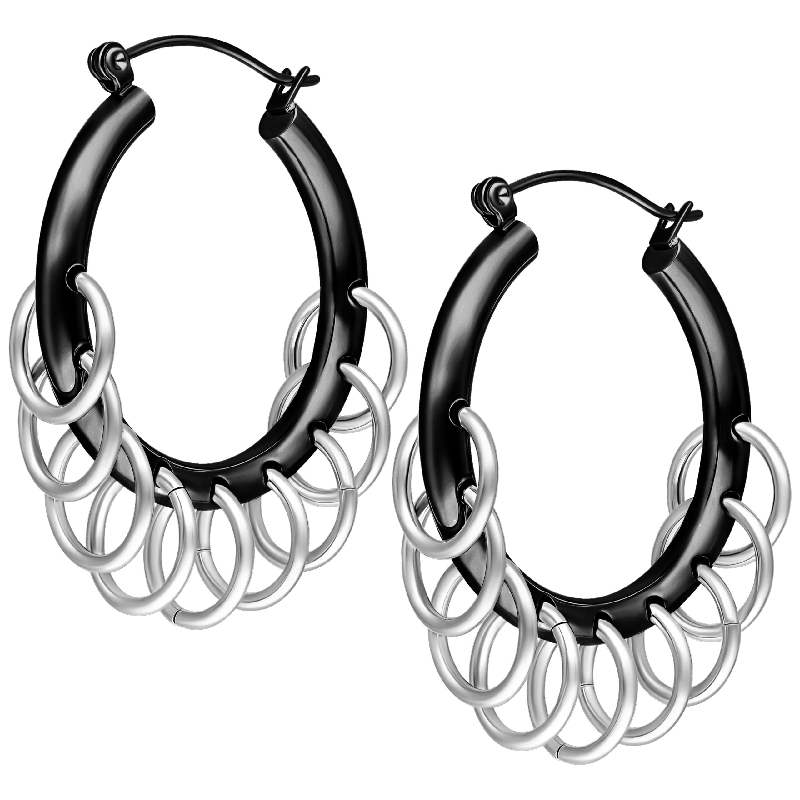 Aros negros con bucles plateados pendientes Aros de metal negro con bucles plateados, cierre de bisagra