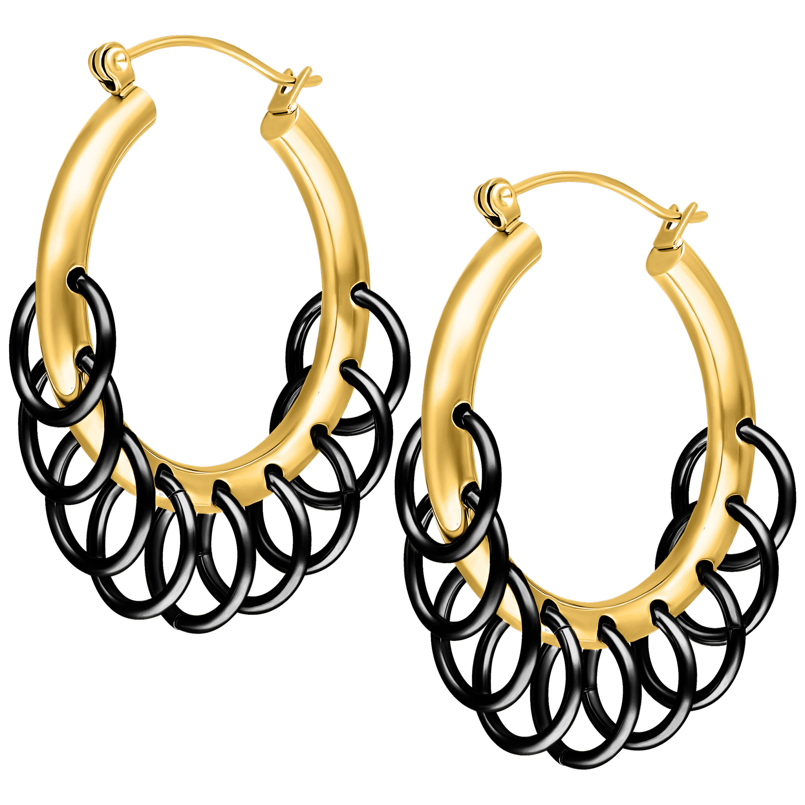 Goldene Creolen aus Chirurgenstahl mit schwarzen Ringen auf weißem Hintergrund
