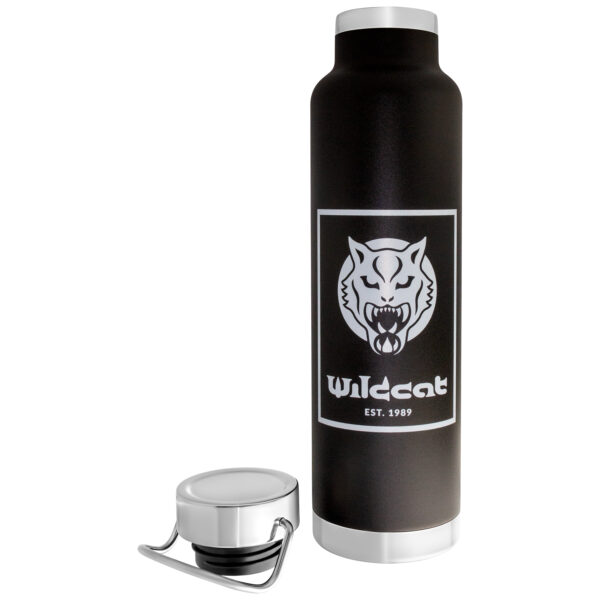 Botella térmica al vacío negra con logo de Wildcat sobre fondo blanco