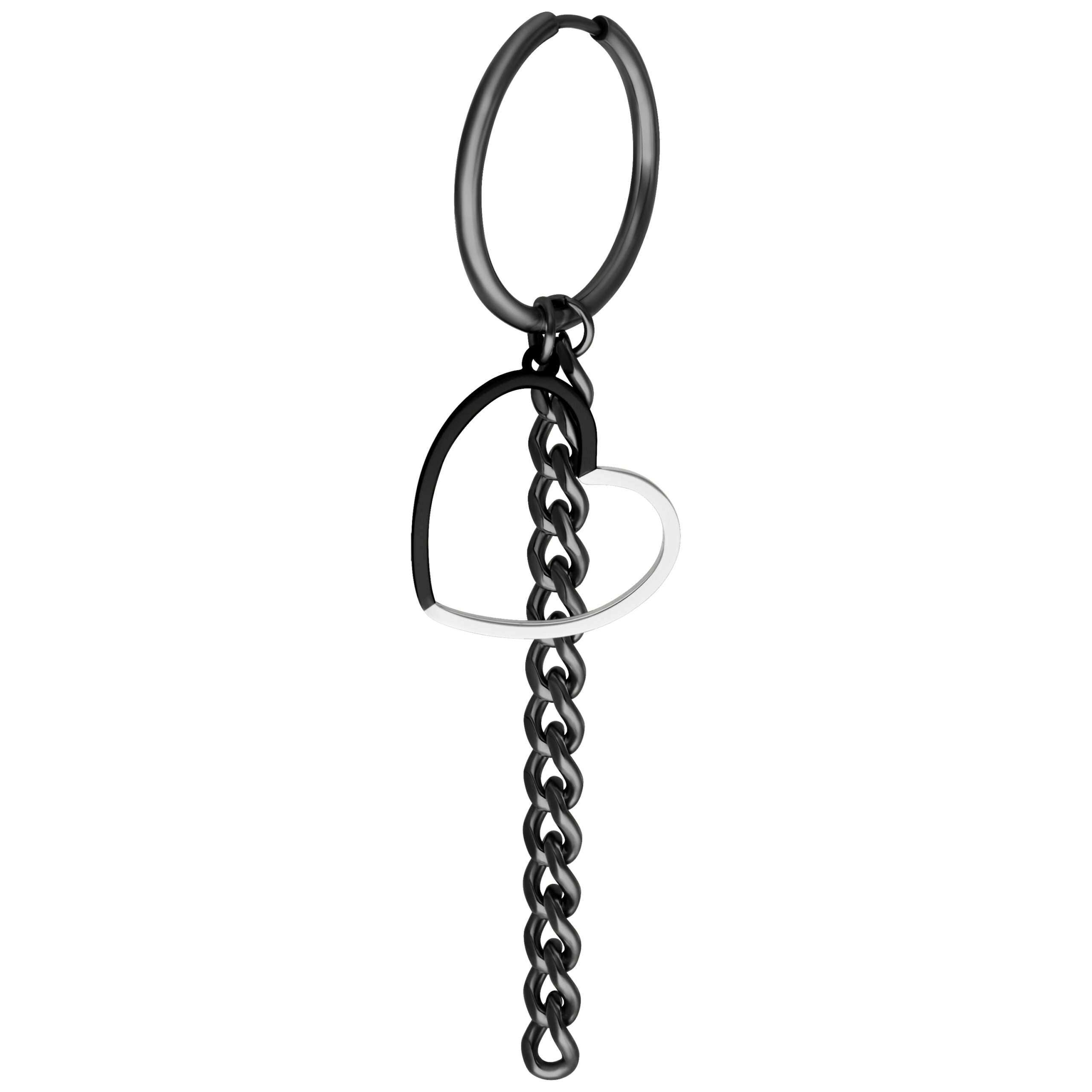 Aros negros de metal con colgante de corazón y cadena sobre fondo blanco