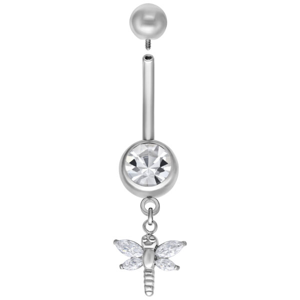 Piercing de ombligo plateado con colgante de libélula y piedra cristalina, 8,0 mm