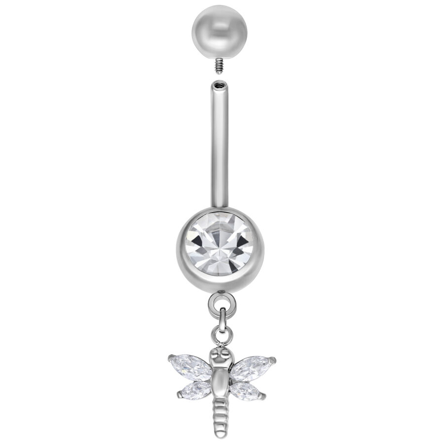 Piercing de ombligo plateado con colgante de libélula y piedra cristalina, 8,0 mm