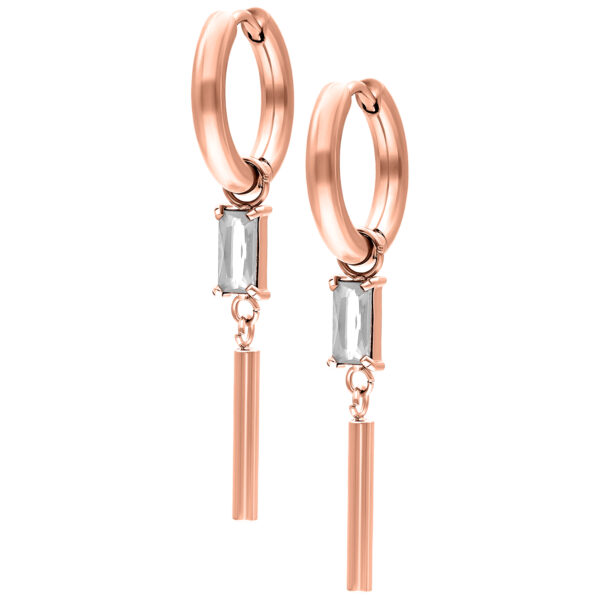 Aros de oro rosa con cristal cuadrado en cristal claro sobre fondo blanco