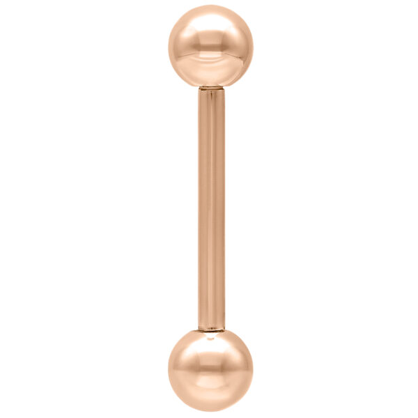 Barbell de color oro rosa con dos bolas, vertical sobre fondo blanco