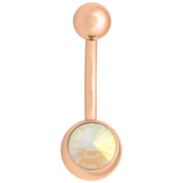 Piercing de ombligo de titanio en oro rosa con cristal Aurora Boreale sobre fondo blanco