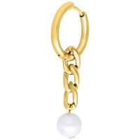 Aros de perlas doradas con colgante de cadena Pendientes dorados con colgante de cadena y perla sobre fondo blanco