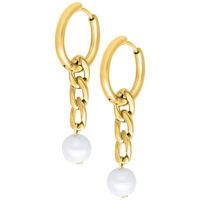 Aros dorados con colgante de perlas Dos aros dorados con cadenas y perlas blancas sobre fondo blanco