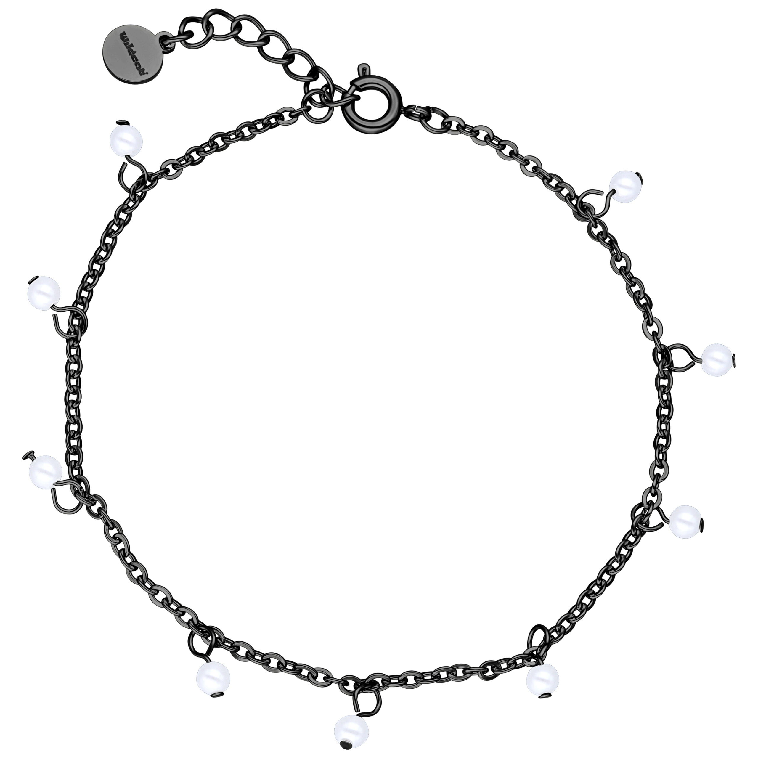 Little Pearl Armband in Schwarzmetall Schwarzes Armband mit kleinen Perlen auf weißem Hintergrund