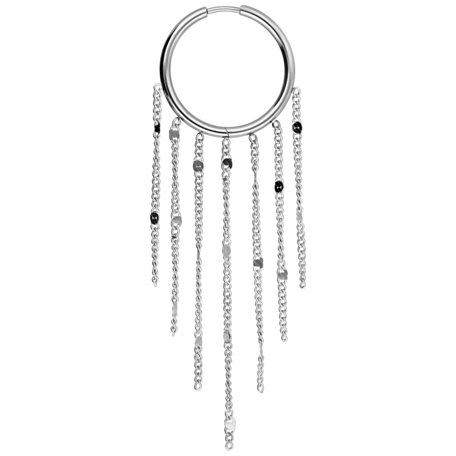 Aros de Borlas Plateados con cadenas colgantes sobre fondo blanco