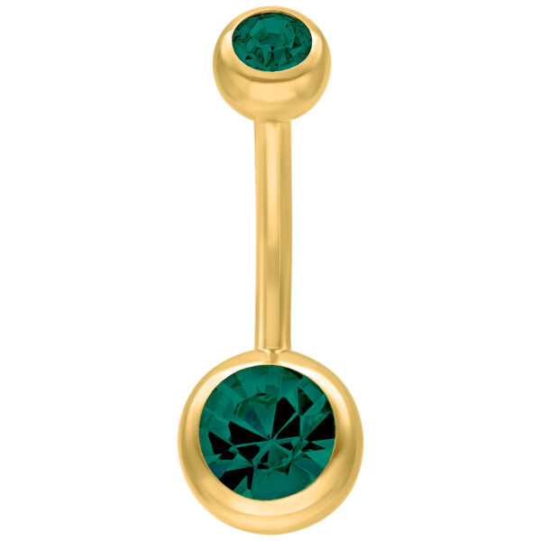 Piercing de ombligo dorado con cristales verdes esmeralda sobre fondo blanco