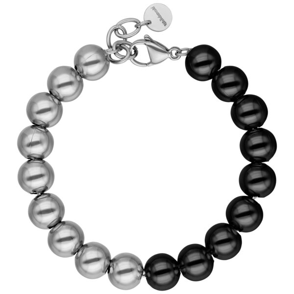 Pulsera Bubble plateada y negra de acero quirúrgico sobre fondo blanco
