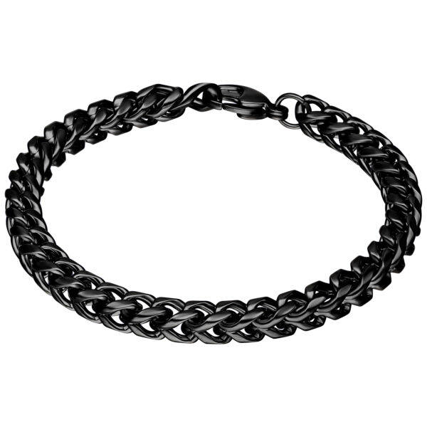 Pulsera trenzada negra de acero quirúrgico sobre fondo blanco