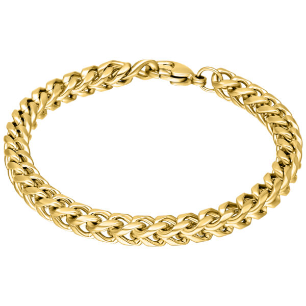Pulsera trenzada dorada de acero quirúrgico sobre fondo blanco