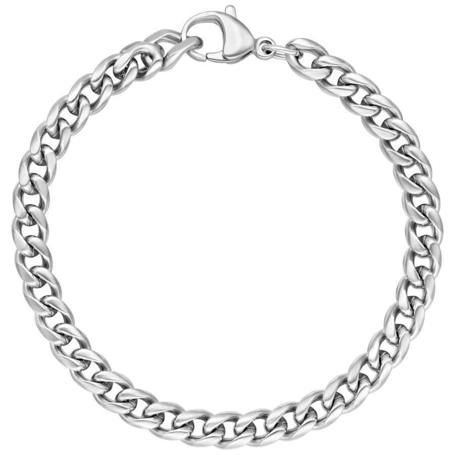 Pulsera trenzada de plata de acero quirúrgico sobre fondo blanco