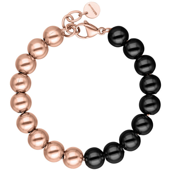 Pulsera Bubble de acero quirúrgico, perlas oro rosa y negras sobre fondo blanco