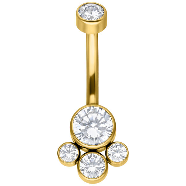 Piercing Diana Bananabell dorado con cinco cristales claros sobre fondo blanco