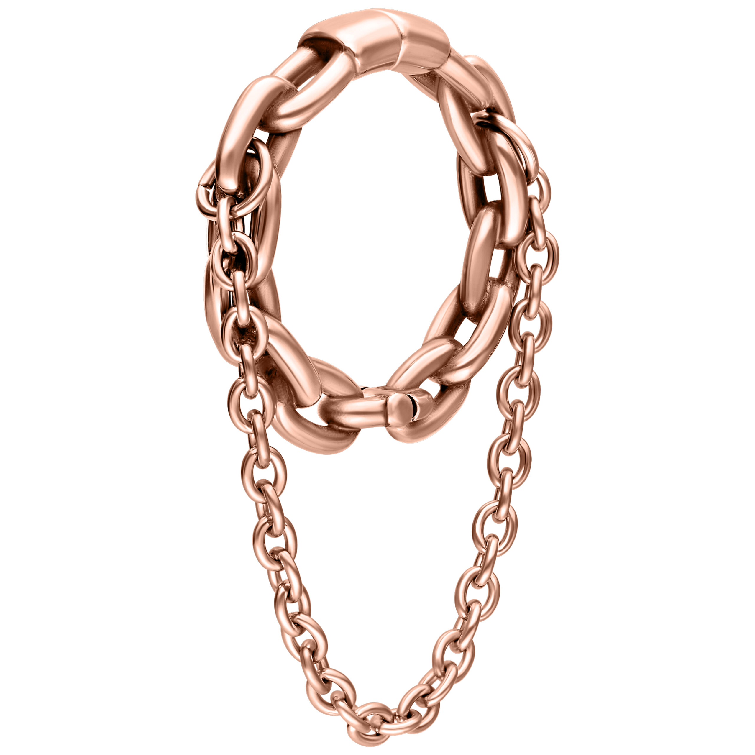 Roségoldenes Ohrgewicht mit doppelter Kette auf weißem Hintergrund