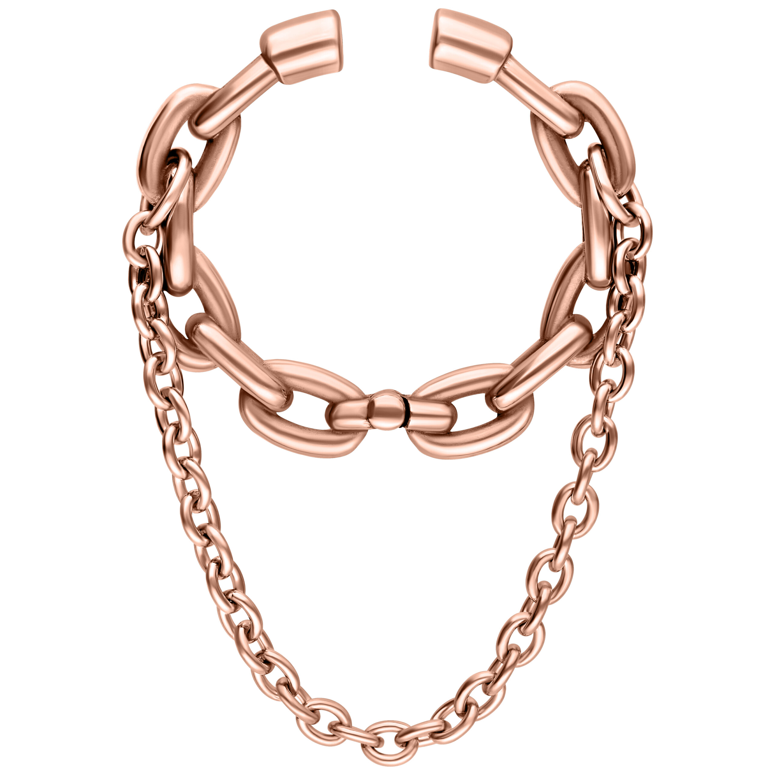 Roségoldene Double Chain Ohrgewichte aus Chirurgenstahl auf weißem Hintergrund