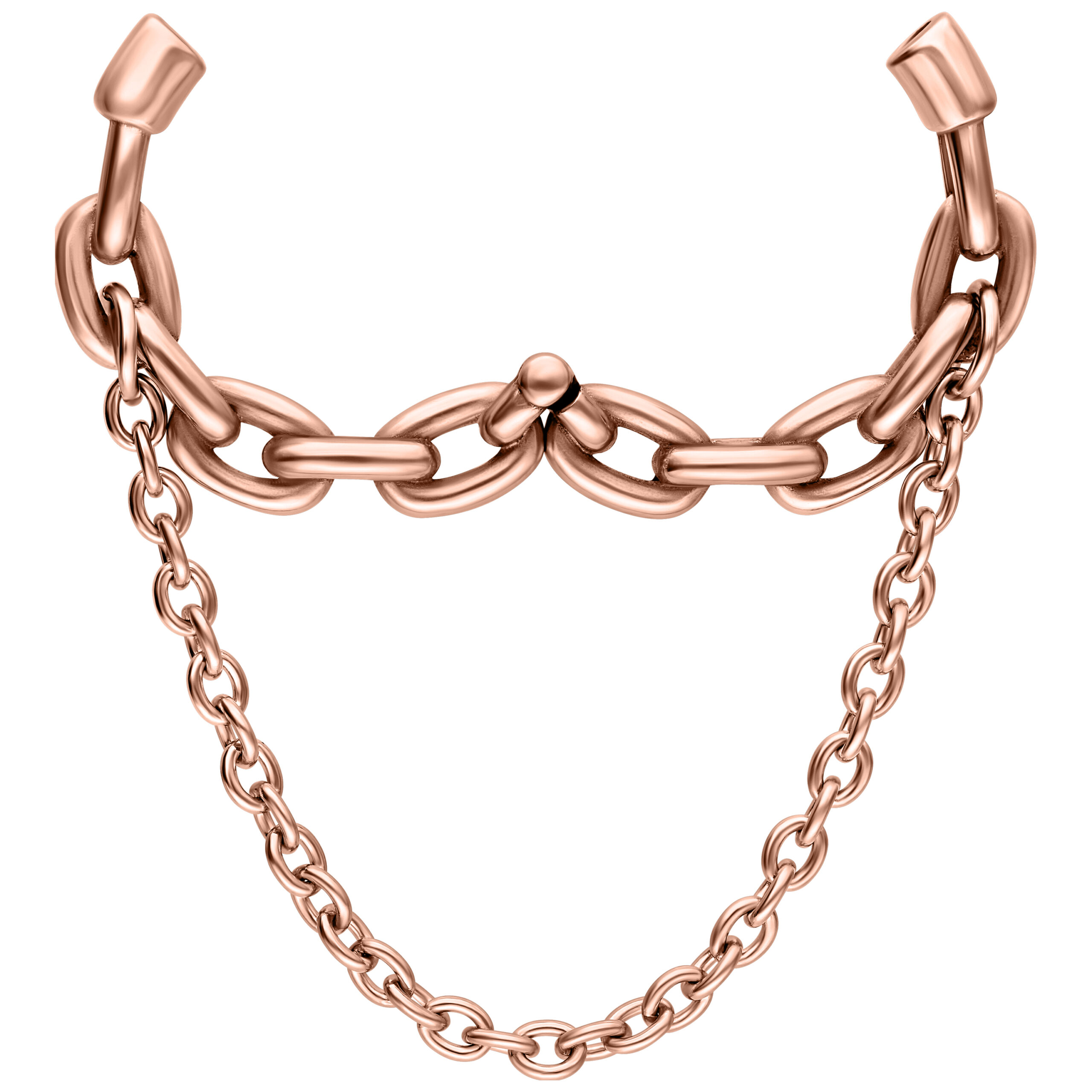 Zwei Roségold Ohrgewichte mit doppelter Kettenstruktur auf weißem Hintergrund