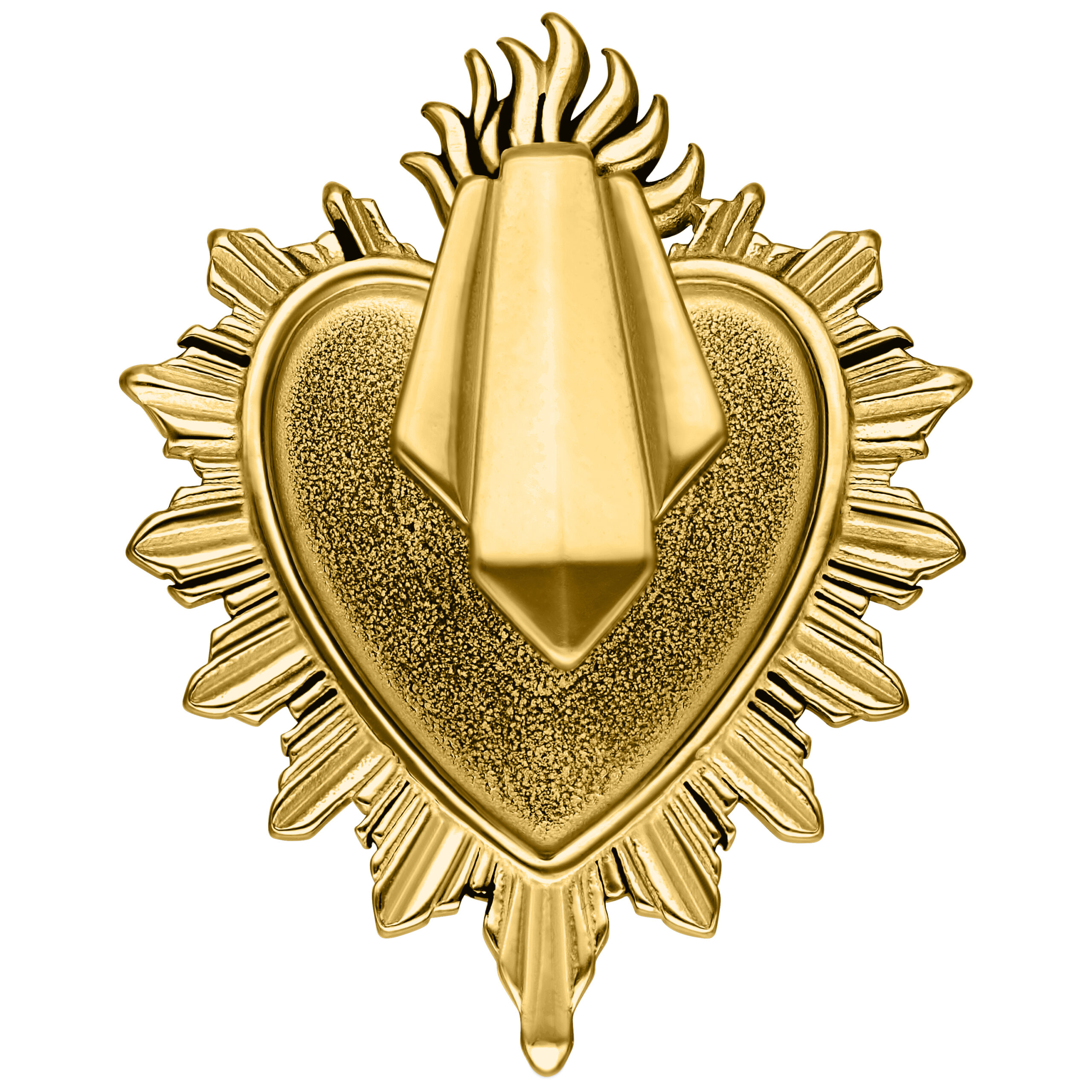 Peso para oreja dorado en forma de corazón con diseño brillante sobre fondo blanco