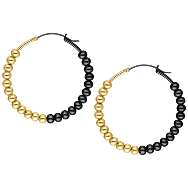 Pendientes redondos Bubble Hoops con cuentas doradas y negras sobre fondo blanco