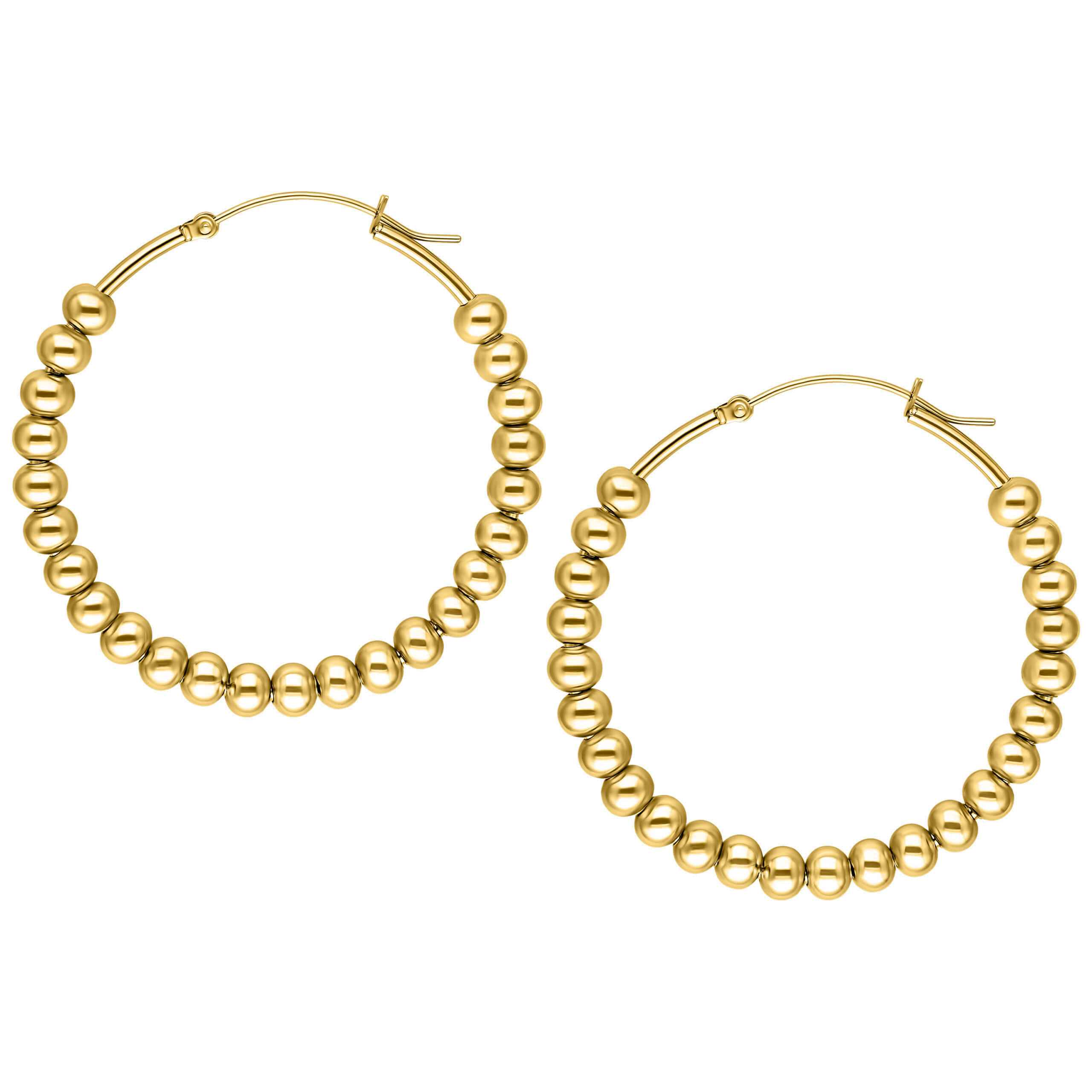 Zwei goldene Bubble Hoops Ohrringe aus Chirurgenstahl auf weißem Hintergrund