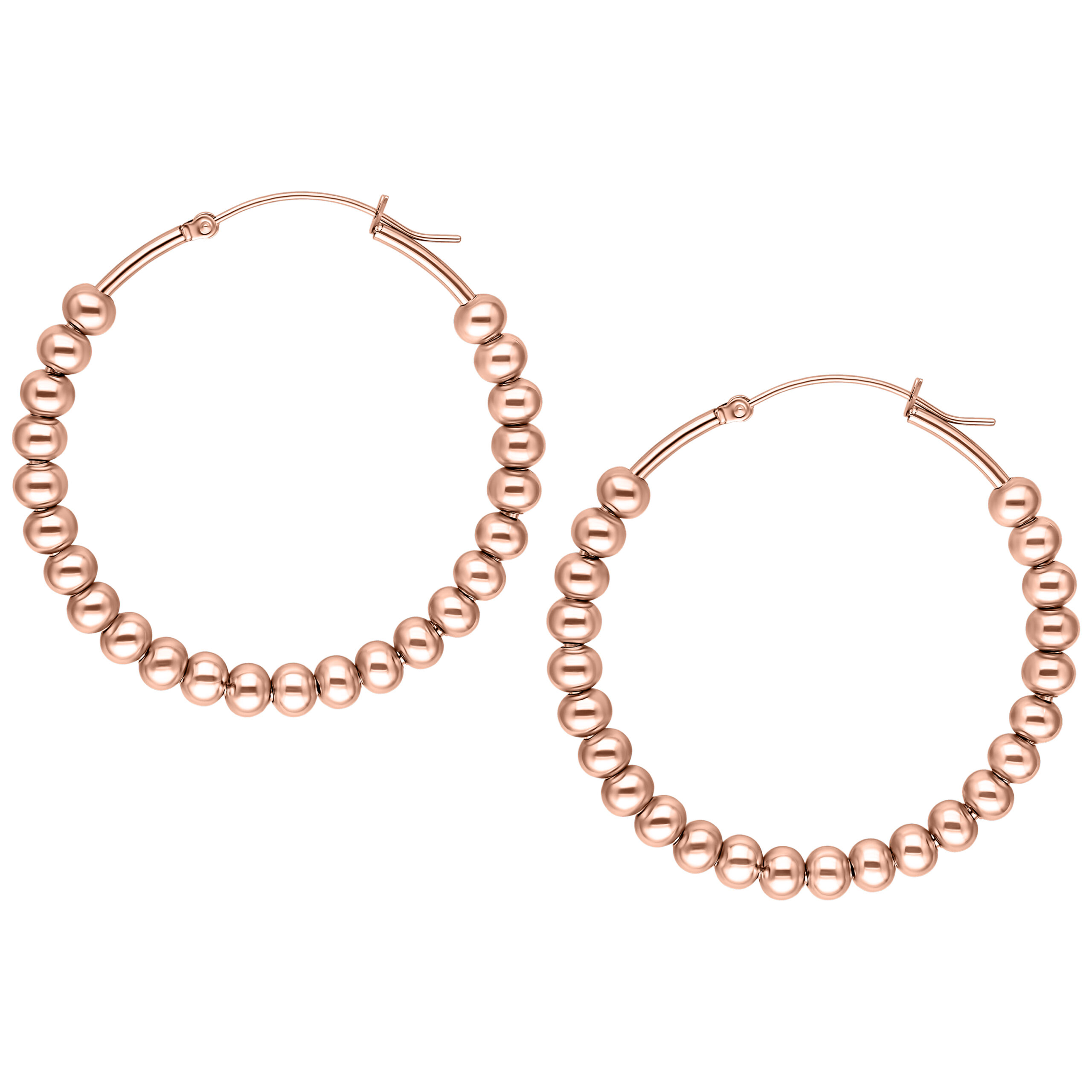 Zwei roségoldene Bubble Hoops Ohrringe auf weißem Hintergrund