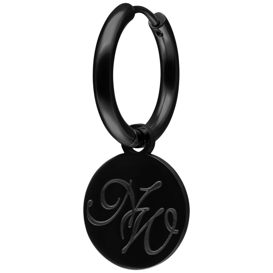 Pendiente negro de Nightwish de acero quirúrgico con colgante redondo de logo sobre fondo blanco