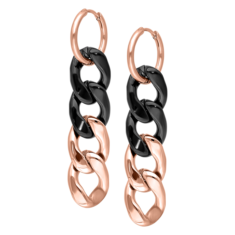 Roségoldene und schwarze Chunky Hoops Ohrringe auf weißem Hintergrund
