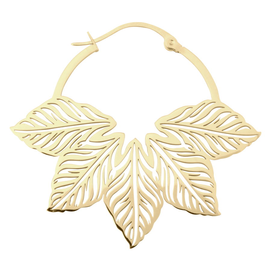 Abey Hoops - Aros dorados con diseño de hojas Pendientes dorados en forma de hojas estilizadas sobre fondo blanco