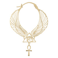 Aros Cleopatra dorados con motivo de alas y colgante de Ankh sobre fondo blanco