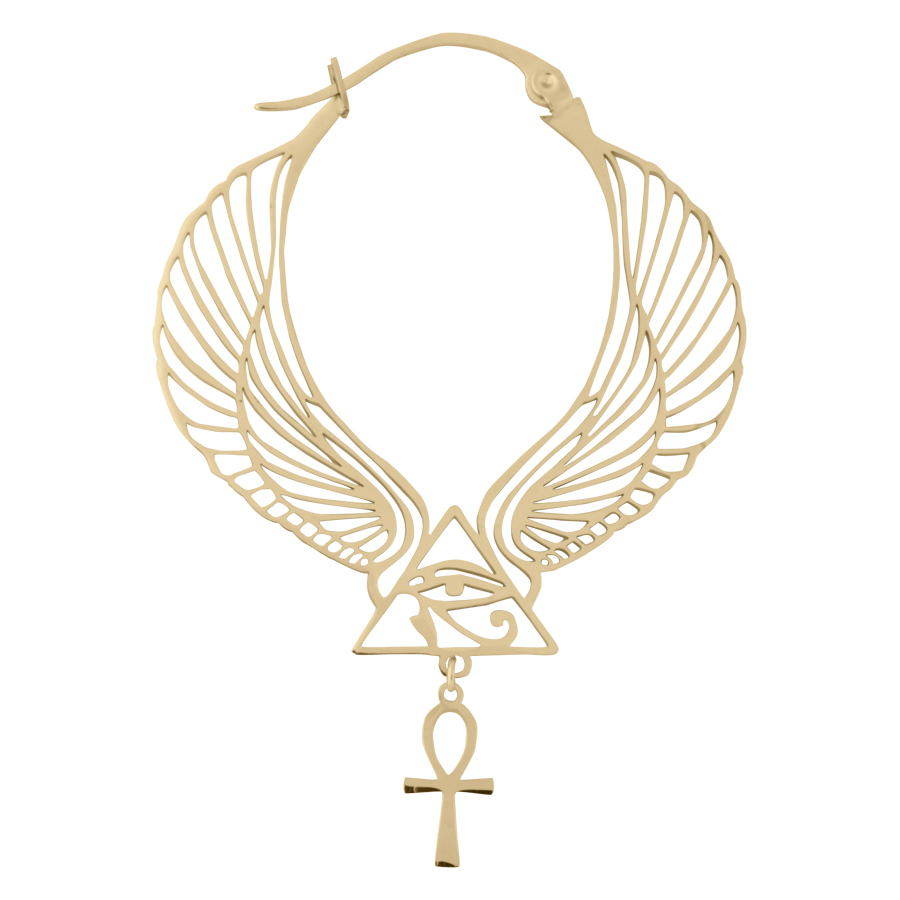 Aros Cleopatra dorados con motivo de alas y colgante de Ankh sobre fondo blanco