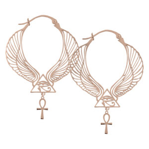Roségoldene Cleopatra Hoops mit Flügel- und Ankh-Design auf weißem Hintergrund
