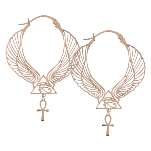 Aros Cleopatra de oro rosa con diseño de alas y Ankh sobre fondo blanco